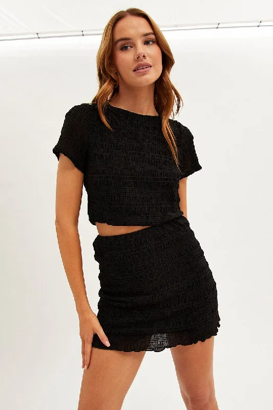 Black Mini Skirt Bodycon Mesh Textured Detail