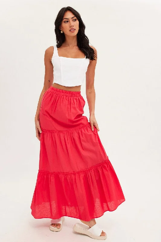 Red Maxi Skirt Tiered