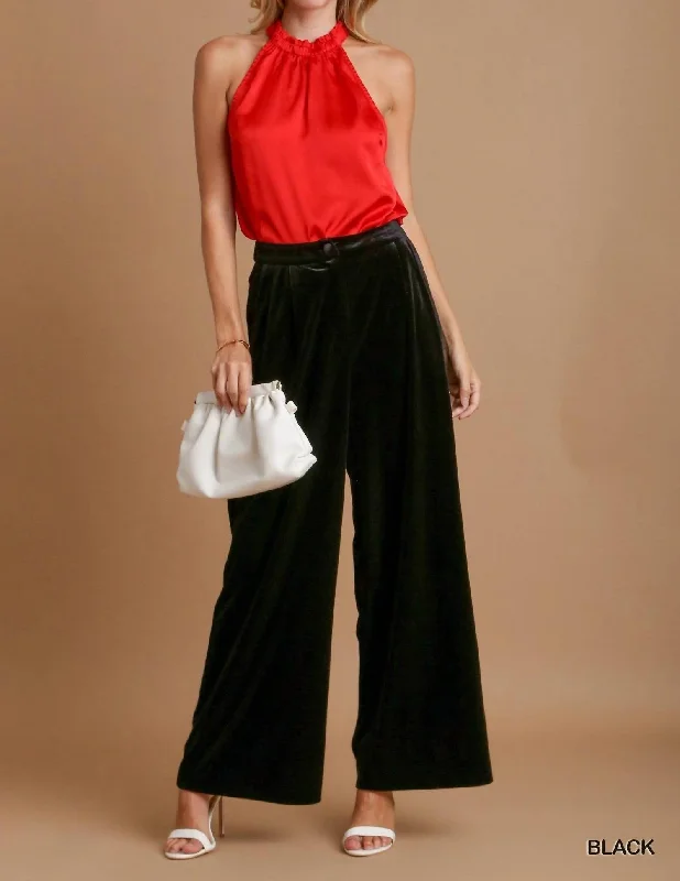 Pleated Velvet High Wide Leg Pants In Black Velvet