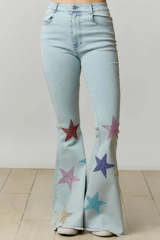 Rhinestone Starry Flare Pants In Medium Washed Blue