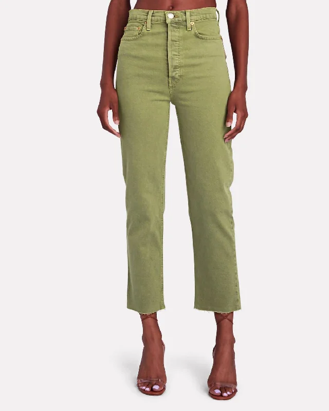 Ultra High Rise Stove Pipe Raw Hem Jeans In Washed Sage