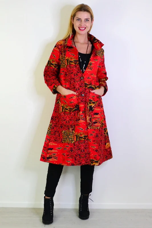 Long Oriental Red Fleece Lined Jacket