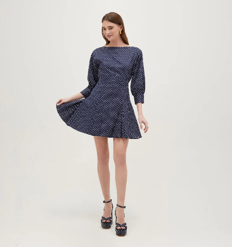 The Aveline Dress -  Navy Polka Dot Cotton Sateen