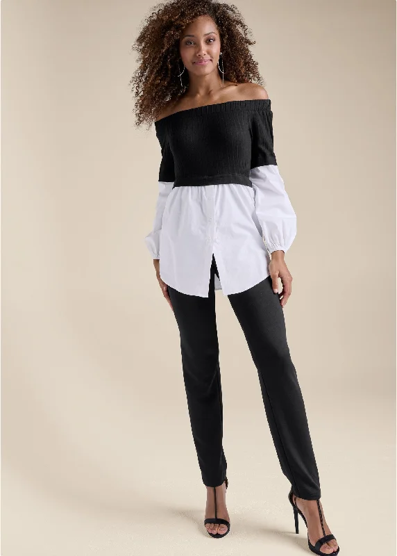 Layered Shirting Jumpsuit - Black & White