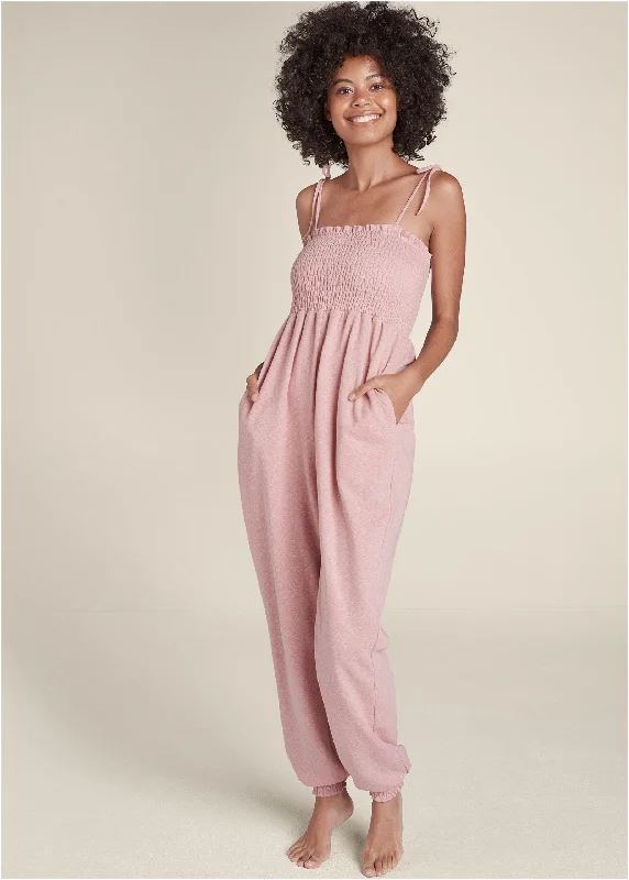 Smocked Lounge Jumpsuit - Heathered Pink