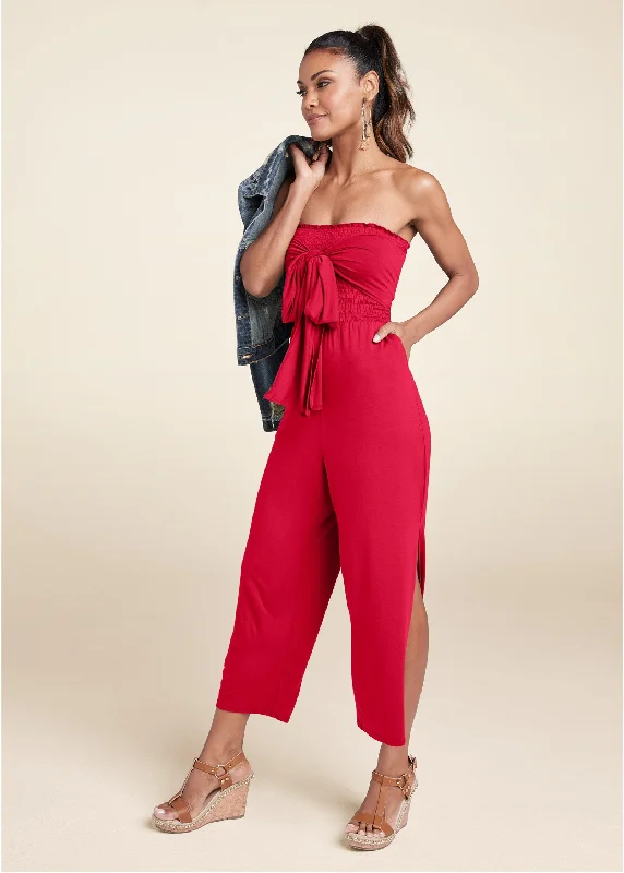 Smocked Tie-Front Jumpsuit - Red