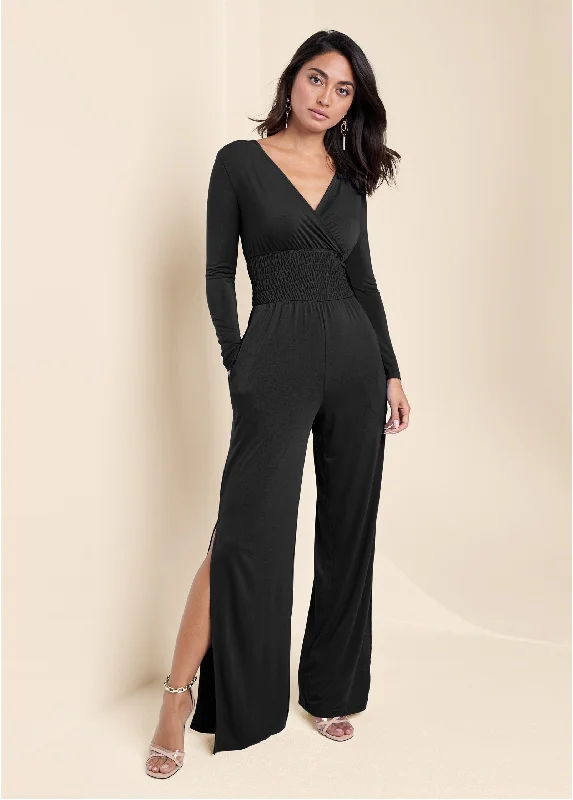 Smocked Waist Jumpsuit - Black