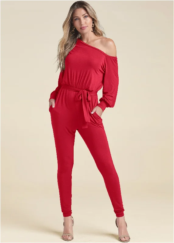 Off-Shoulder Jumpsuit - Red