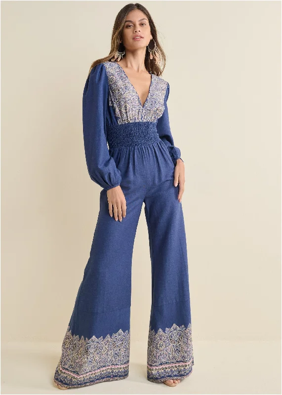 Printed Wide Leg Jumpsuit - Blue Multi