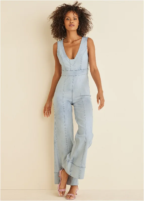 Stretch Denim Jumpsuit - Light Wash