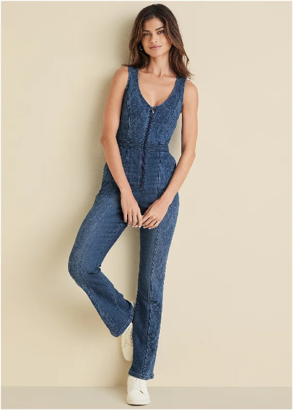 Lace Print Denim Jumpsuit - Medium Wash