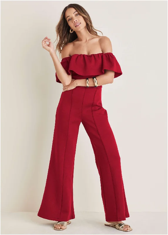 Off The Shoulder Jumpsuit - Haute Red