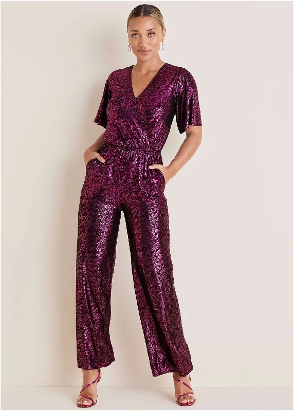 Metallic Flutter Sleeve Jumpsuit - Vivacious