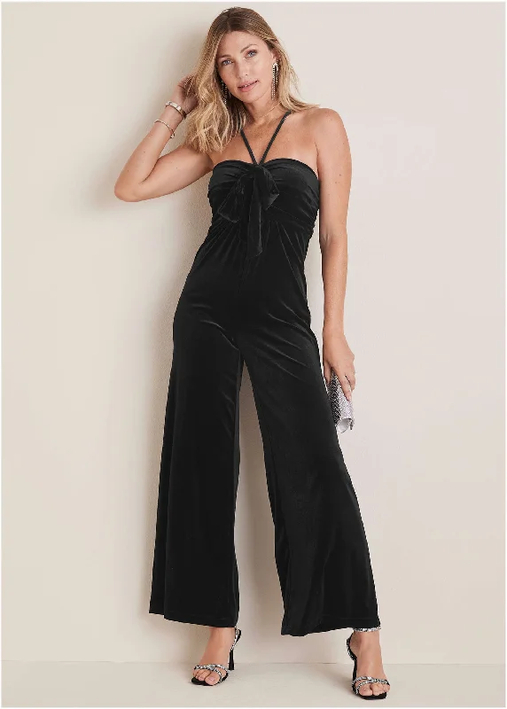 Stretch Velvet Halter Jumpsuit - Black