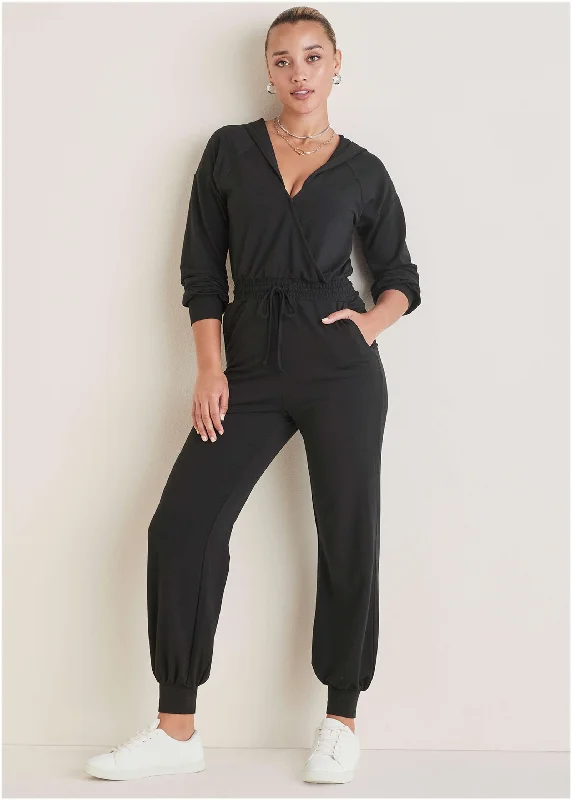 Casual Hooded Jumpsuit - Black