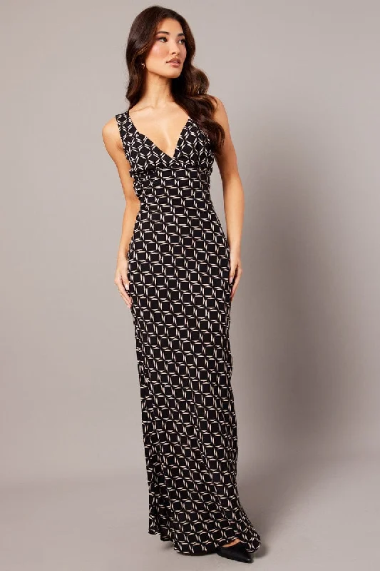 Black Geo Slip Dress Maxi