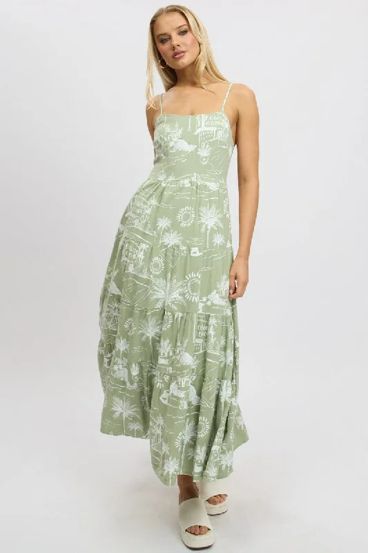 Green Abstract Maxi Dress Tiered Strappy