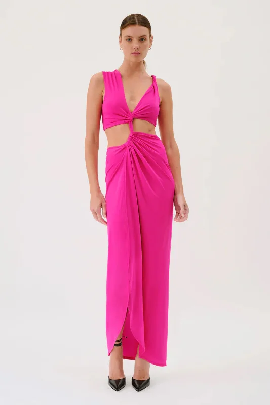 Suboo Garnet Sleeveless Rouched Cross Over Midi Dress - Hyper Pink