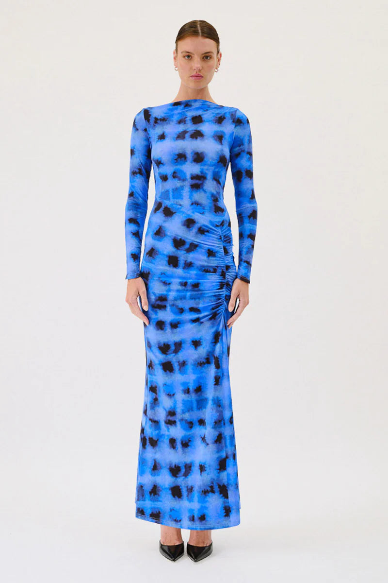 Suboo Shibori Long Sleeve Rouched Dress - Blue Print