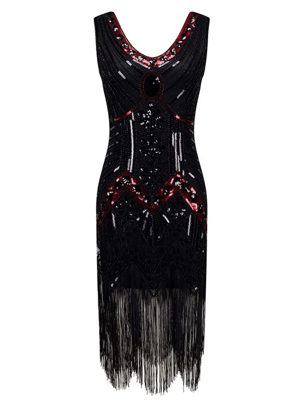 Black 1920s Beaded Fringed Flapper Dresses