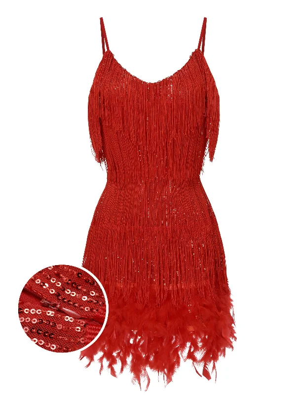 Red 1920s Spaghetti Strap Feather Fringe Dress