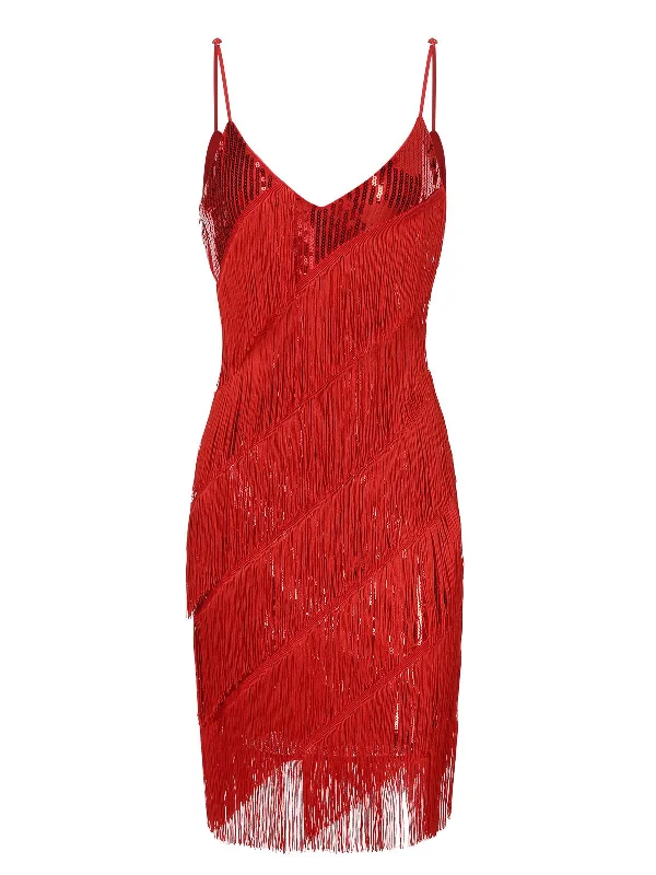 Red 1920s Spaghetti Strap Sequin Fringe Dress