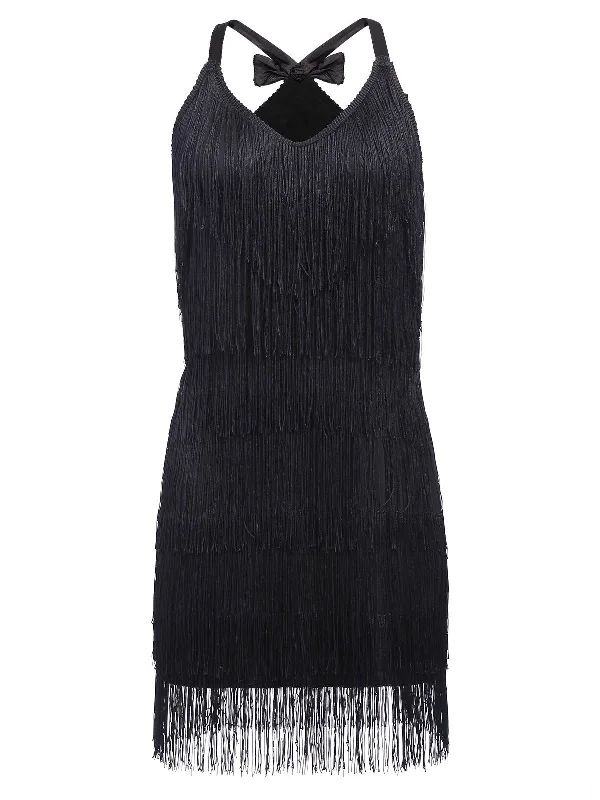 [US Warehouse] Black 1920s Back Bow Tassel Flapper Dress