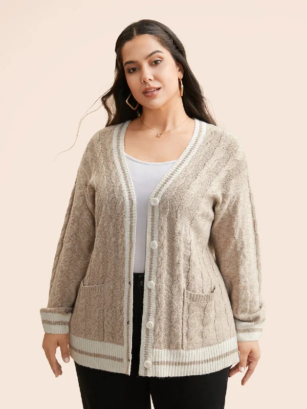 Contrast Trim Cable Knit Pocket Cardigan