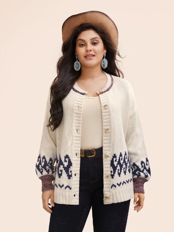 Fair Isle Balloon Sleeve Crew Neck Cardigan