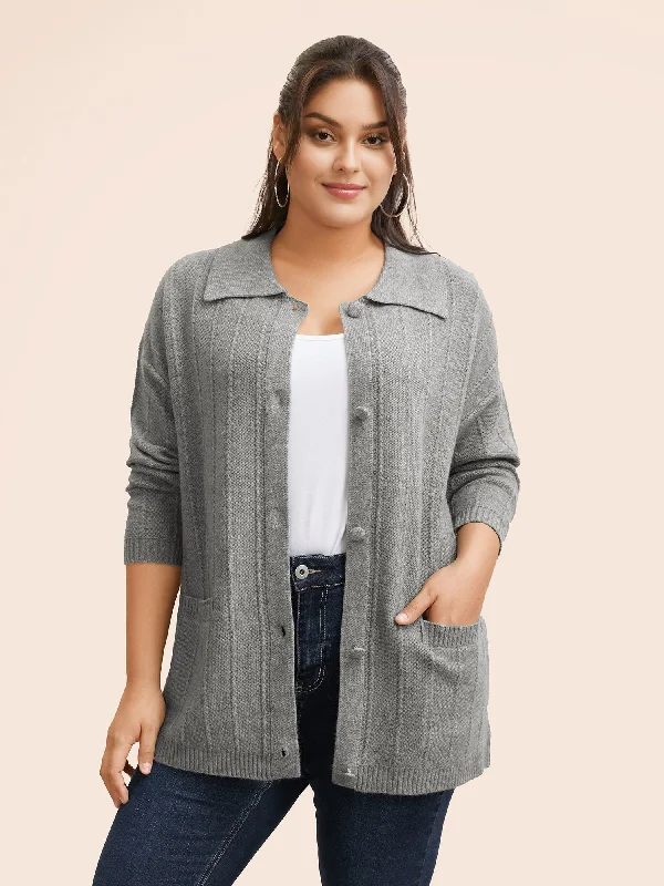 Plain Textured Polo Neck Pocket Cardigan