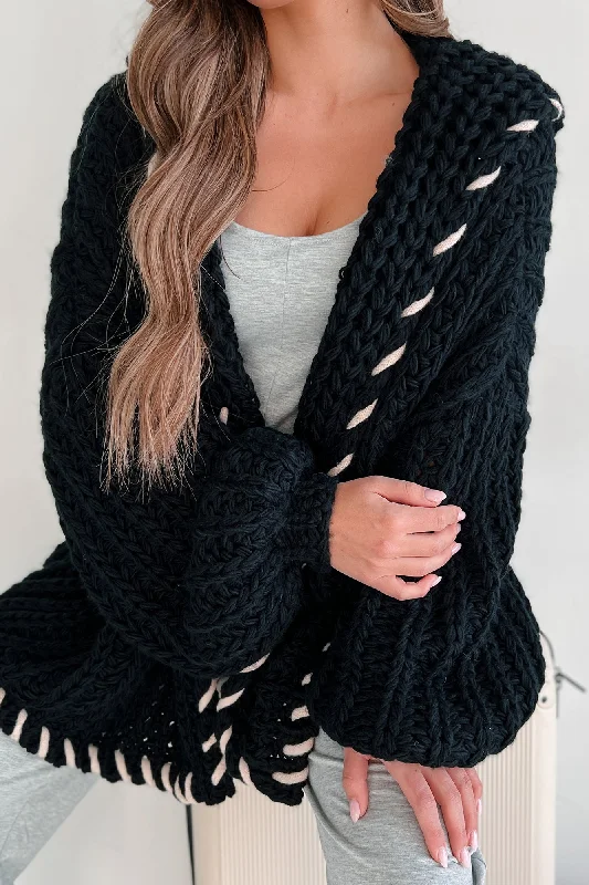 Warm Emotions Stitch Edged Chunky Knit Cardigan (Black)